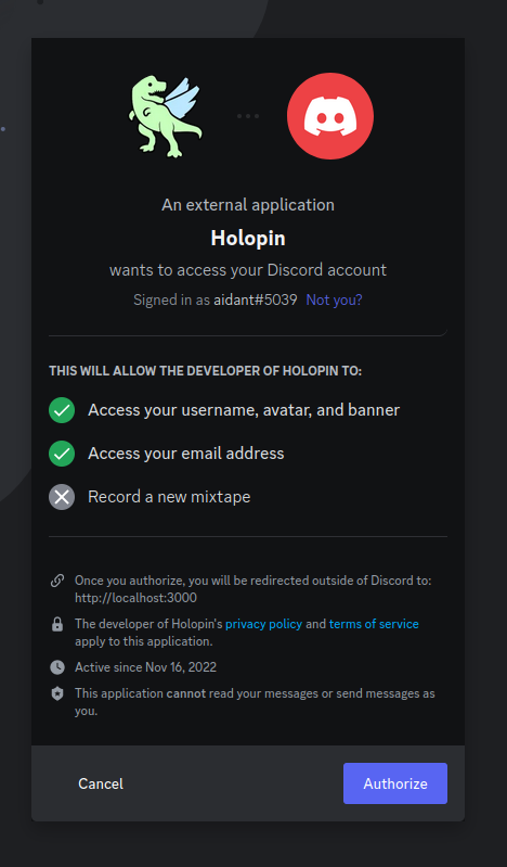 Screenshot of the Discord's Authorize page