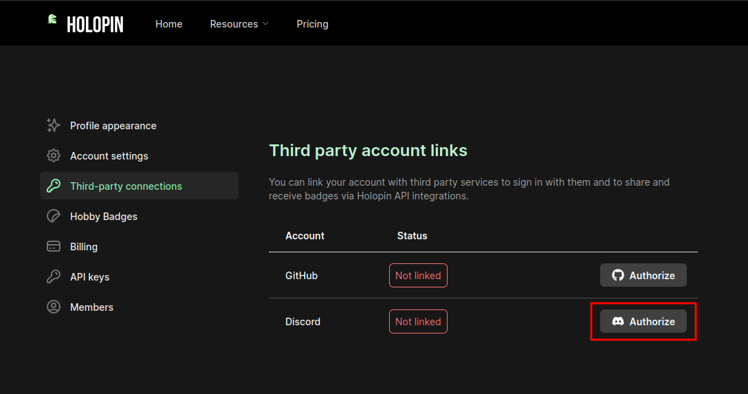 Screenshot of the accounts page