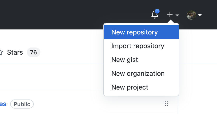 GitHub new repository dropdown