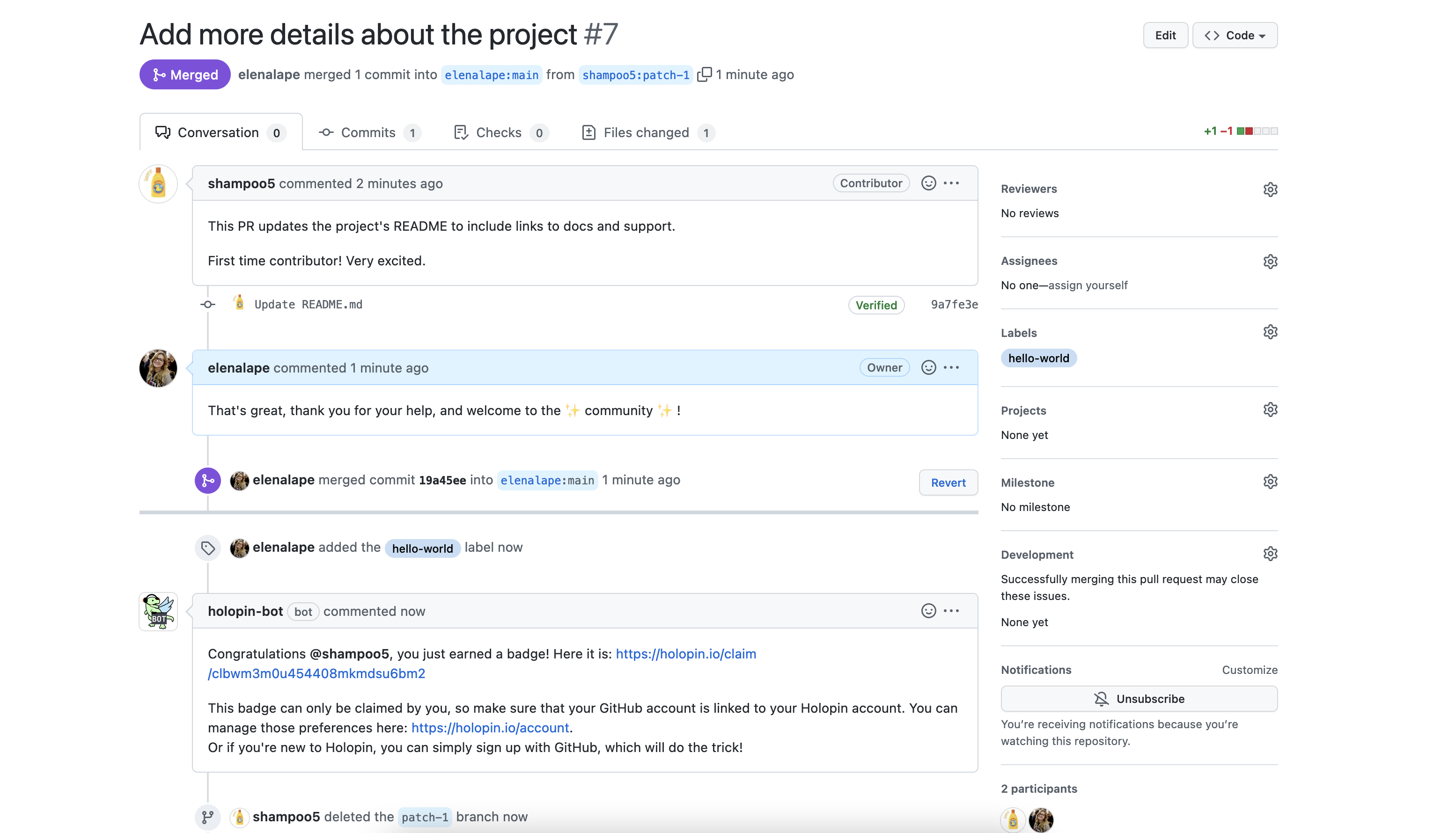 Screenshot of the GitHub bot in action