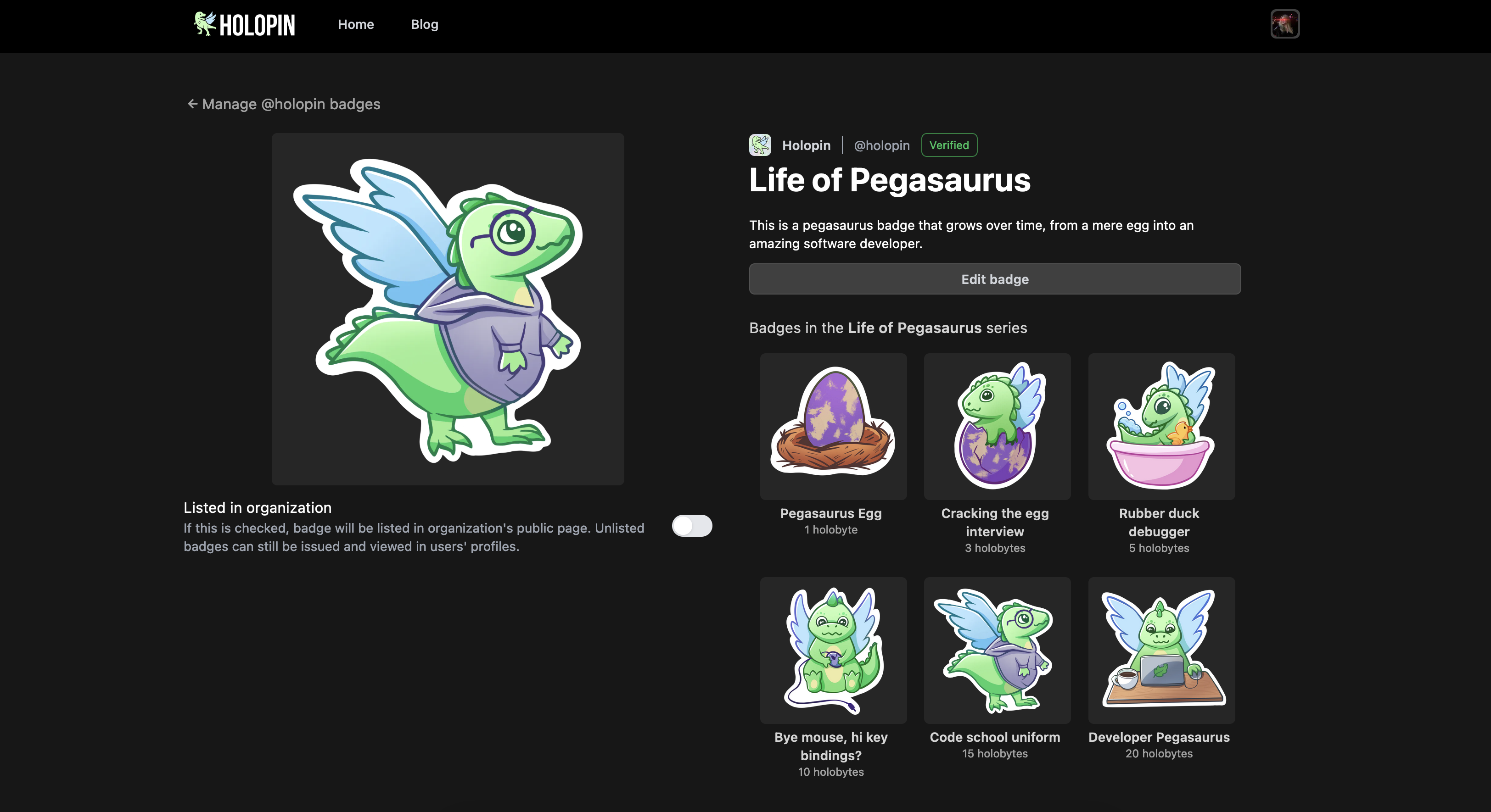 Screenshot of how the evolving badges appear in organization profile