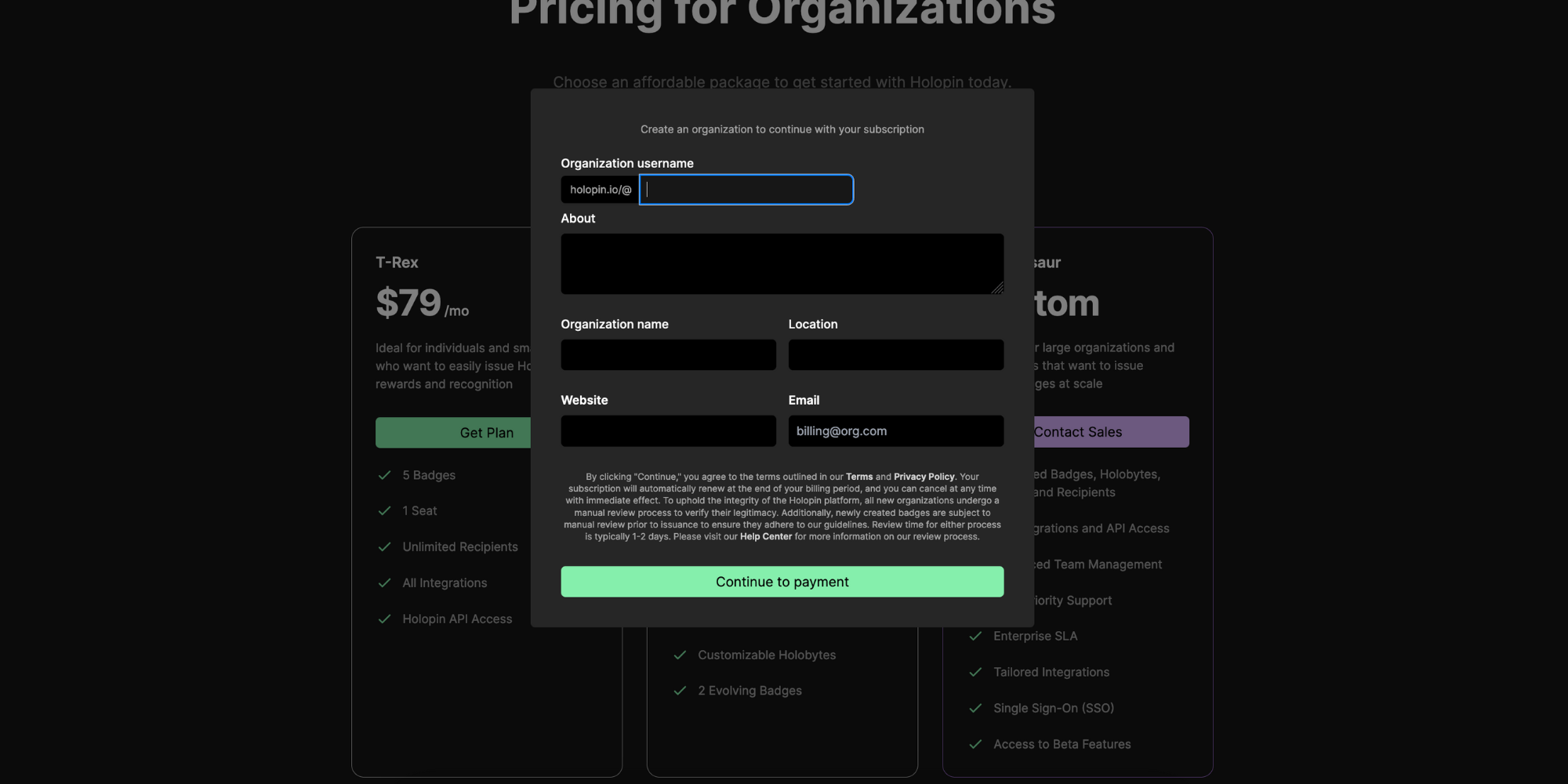 Pricing landing page